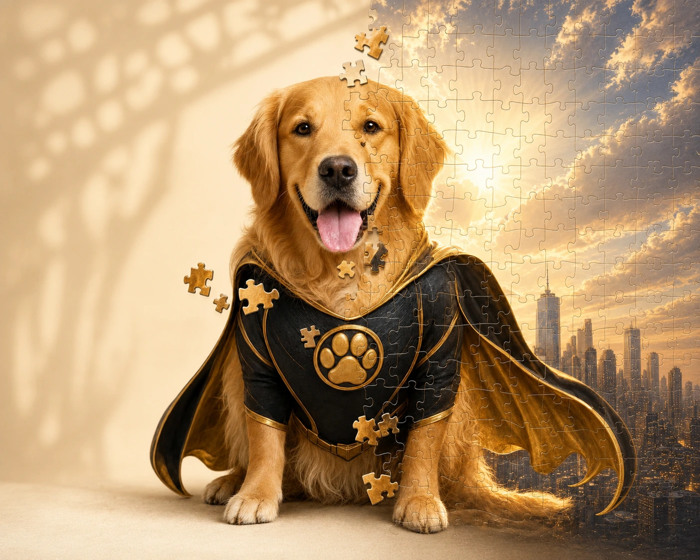 A pet photo transforming into a custom jigsaw puzzle