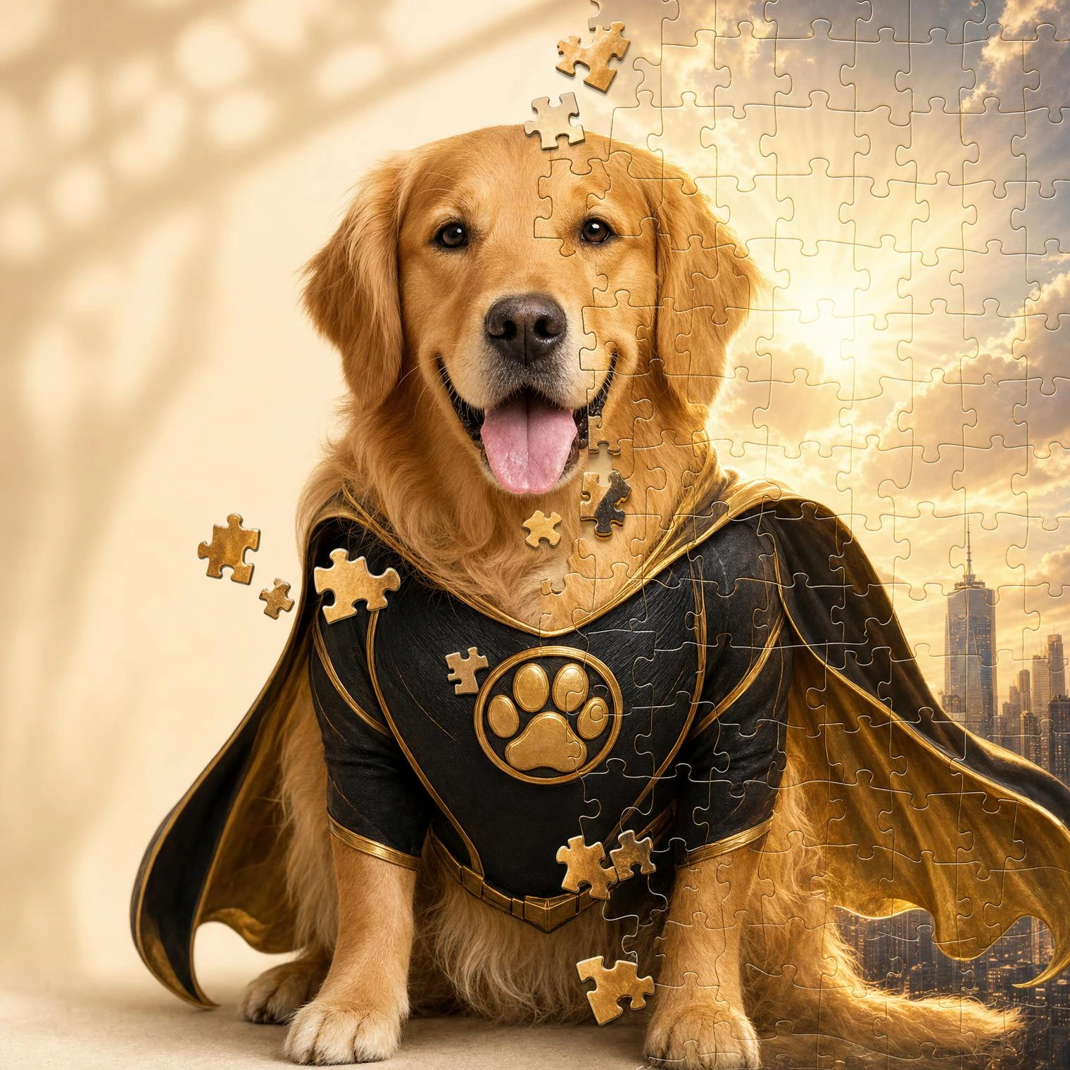 A pet photo transforming into a custom jigsaw puzzle